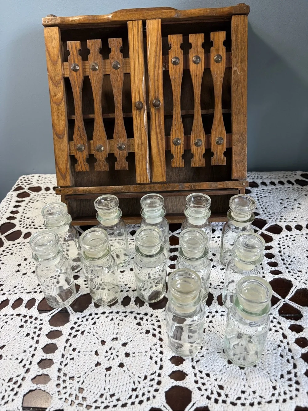 Vintage Wooden Kitchen Spice Rack Cabinet with Glass Jars/Lids